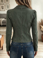 Women's Olive Green Vintage Stand Collar Knot Button Front Slim Fit Jacket