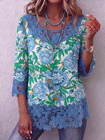 Vintage Elegant Pattern Print Patchwork Hollowed Out Lace Shirt