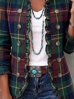 Retro Plaid Pattern Art Print Ruffle Casual Stylish Cotton Lapel Coat