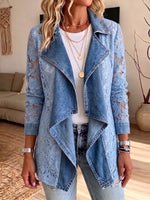 Women Denim Lace Spliced Jacket Lapel Waterfall Collar Long Sleeve Open Front Coat