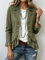 Women Olive Green Western Jacket Lace Ruffle Hem Long Sleeve Lapel Button Outerwear