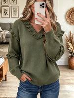Women's Ruffle V-Neck Drop-Shoulder Knit Sweater