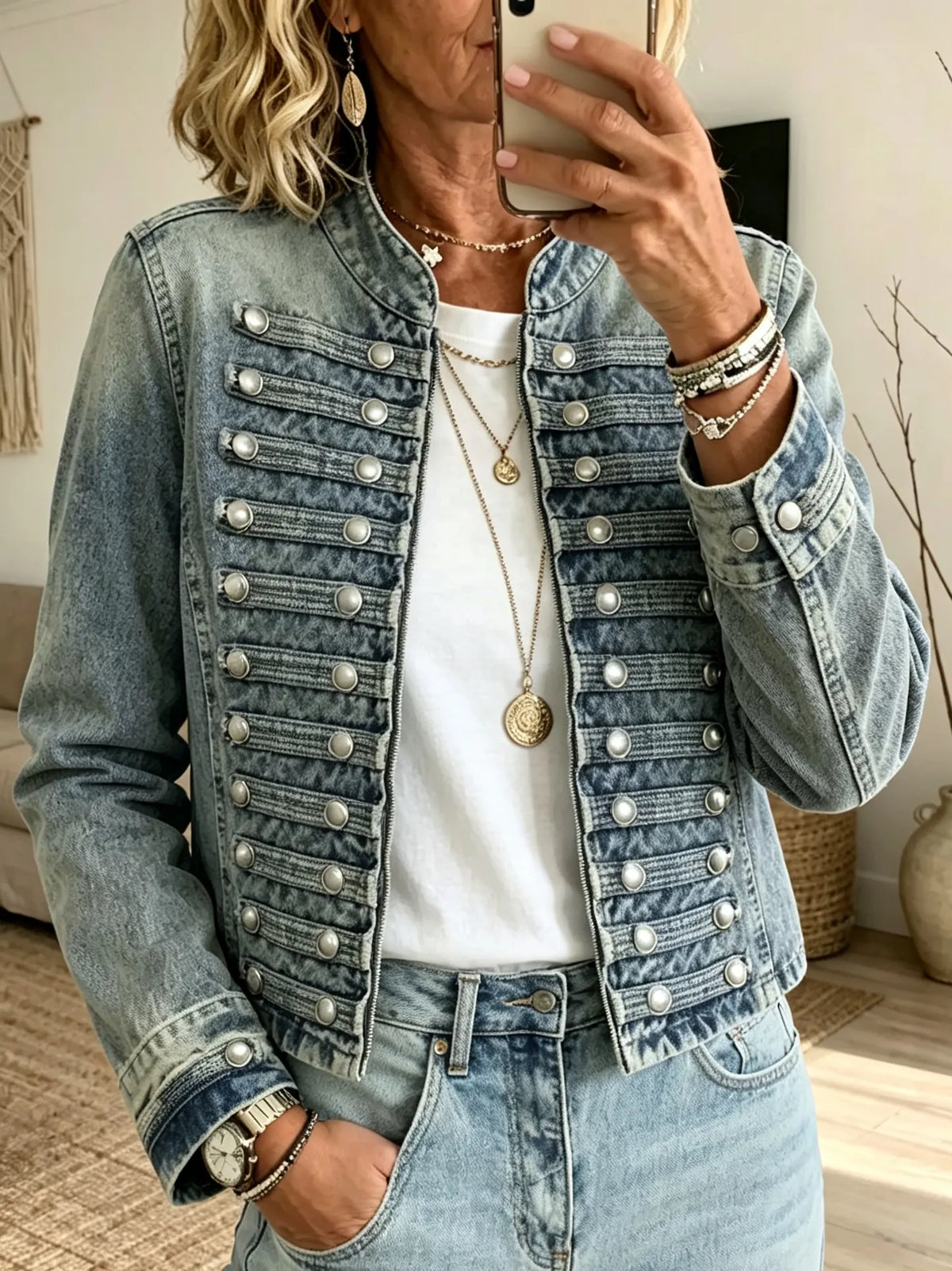 Women's Military Style Double-Breasted Denim Jacket