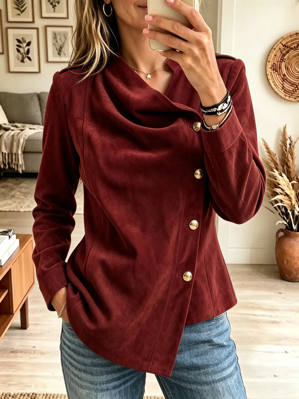Women's Asymmetrical Button Draped Faux Suede Blouse