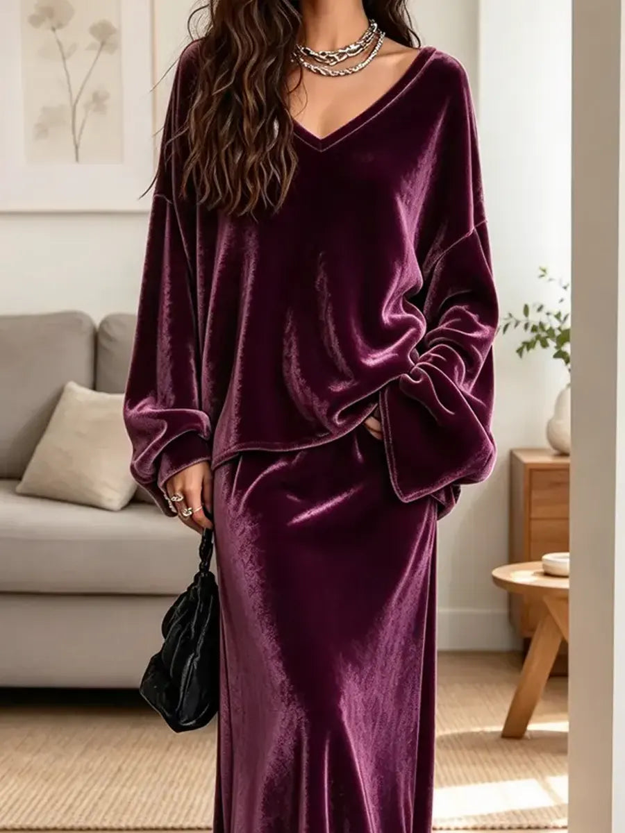 Retro Chic Velvet Art Casual Stylish Long Sleeve Top And Skirt Two-piece Set