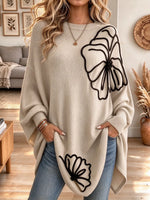 Women's Loose Floral Print Round Neck Batwing Long-sleeved Knit Top