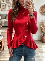Elegant Ribbed Turtleneck Peplum Sweater with Asymmetrical Button Detail