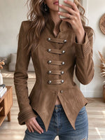 Women's Brown Faux Suede Military Jacket with Stand Collar and Straps