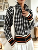 Retro Plaid Pattern Zip Knit Lapel Art Casual Stylish Long Sleeve Cardigan Sweater Coat