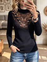Women's Black Mock Neck Long Sleeve Top with Crystal Rhinestone Butterfly Design