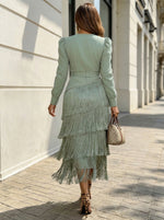 Women V Neck Puff Long Sleeve Tiered Fringe Midi Wrap Dress Party Evening Dress