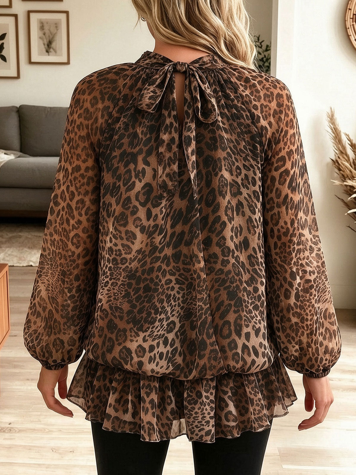 Women Leopard Mock Neck Lantern Sleeve Ruffle Hem Chiffon Tunic Blouse