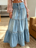 Women's High-Waisted Button-Front Tiered Denim Maxi Skirt