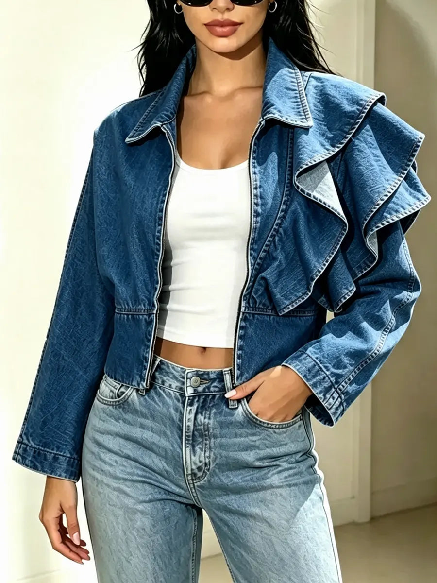 Retro Chic Ruffle Zip Art Casual Stylish Long Sleeve Denim Coat