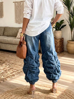 Women Elastic Waist Ruched Geometric Jogger Jeans Washed Denim Harem Pants