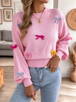 Cute Bow Art Casual Stylish Long Sleeve Round Collar Knit Sweater