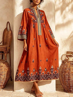 Retro Ethnic Pattern Art Print Casual Stand Collar Cotton Linen Maxi Dress