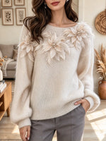 Women's Elegant Feather Floral Boat Neck Long-sleeved Loose Knit Sweater