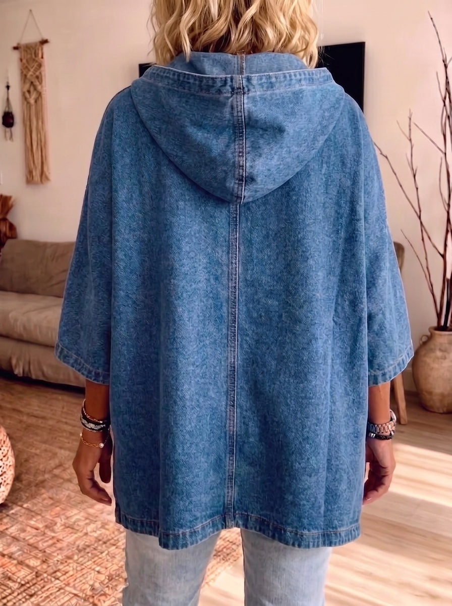 Women Oversized Hooded Denim Jacket Zip Front 3/4 Batwing Sleeve Loose Coat With Pockets