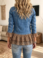 Women Stand Collar Denim Jacket Leopard Ruffle Hem Spliced Button Down Outerwear