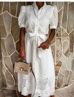 Women Eyelet Embroidery Belted Shirt Midi Dress With Puff Sleeves