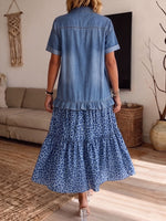 Women's Denim Ruffle Top Blue Leopard Tiered Midi Dress With Pockets