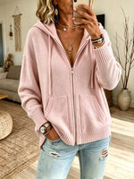 Women's Solid Color Zip-Up Hooded Knit Cardigan