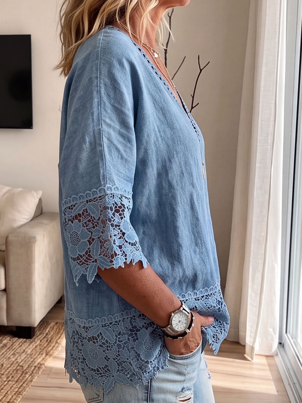 Womens V Neck Lace Trim Washed Denim 3/4 Sleeve Loose Blouse