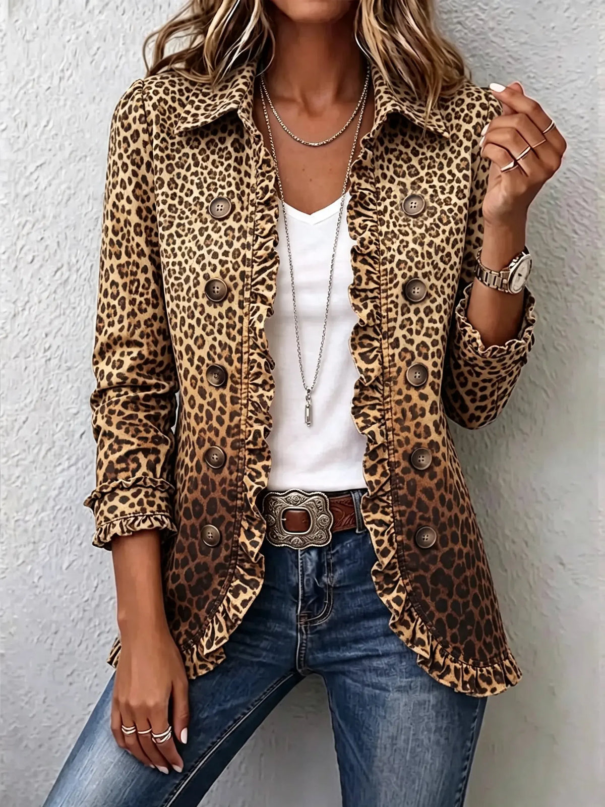 Women's Ombre Leopard Ruffle Blazer Jacket