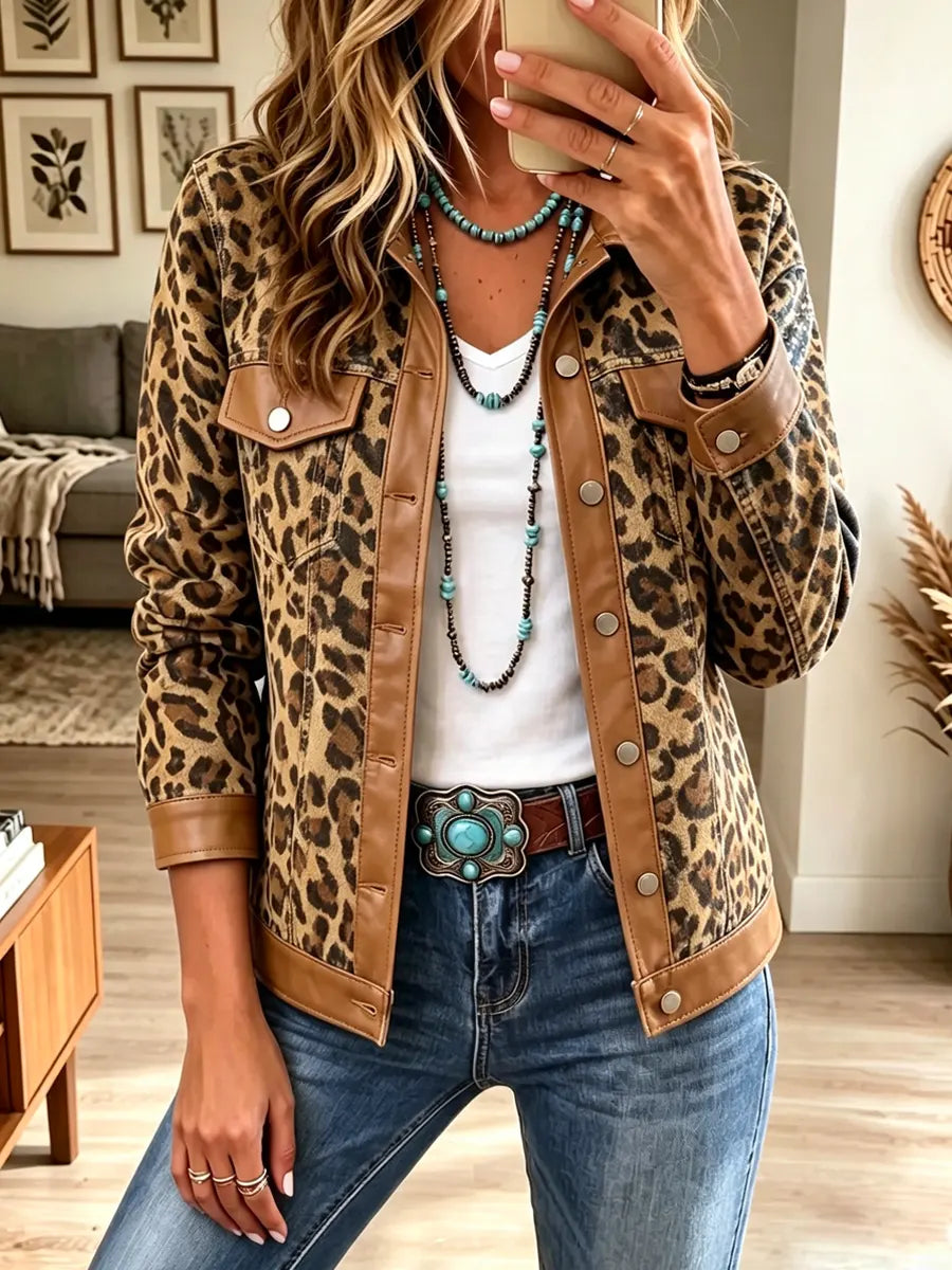Retro Chic Leopard Pattern Patchwork Art Casual Stylish Long Sleeve Coat
