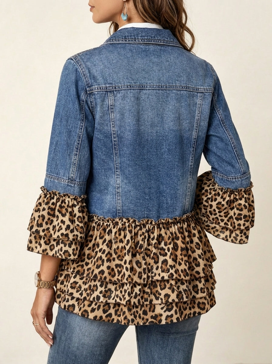 Women Leopard Ruffle Tiered Patchwork Denim Jacket Lapel Button Boho Outerwear