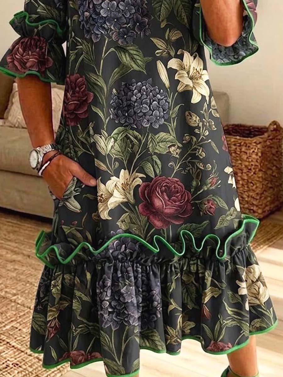Retro Floral Pattern Art Print Casual Ruffle Stylish Cotton Linen Dress