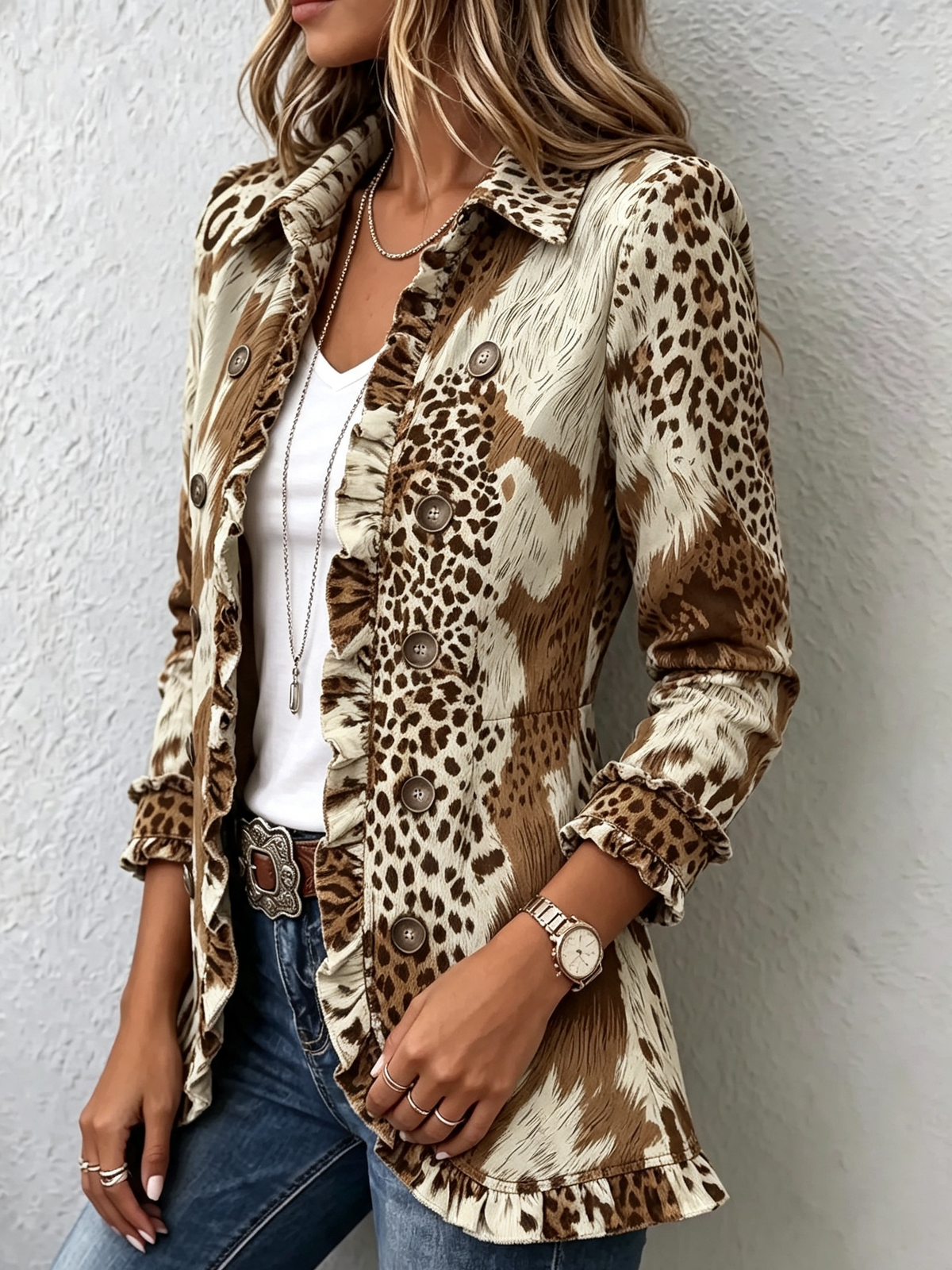 Women's Leopard Ruffle Trim Blazer Jacket