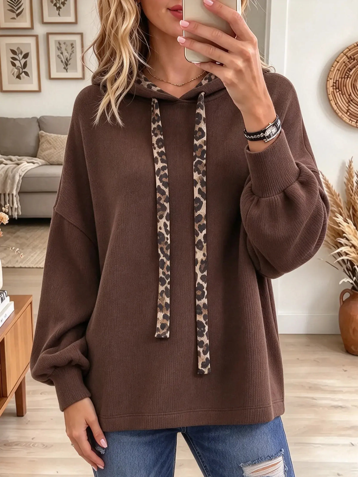 Women's Leopard Trim Drawstring Fleece Hoodie