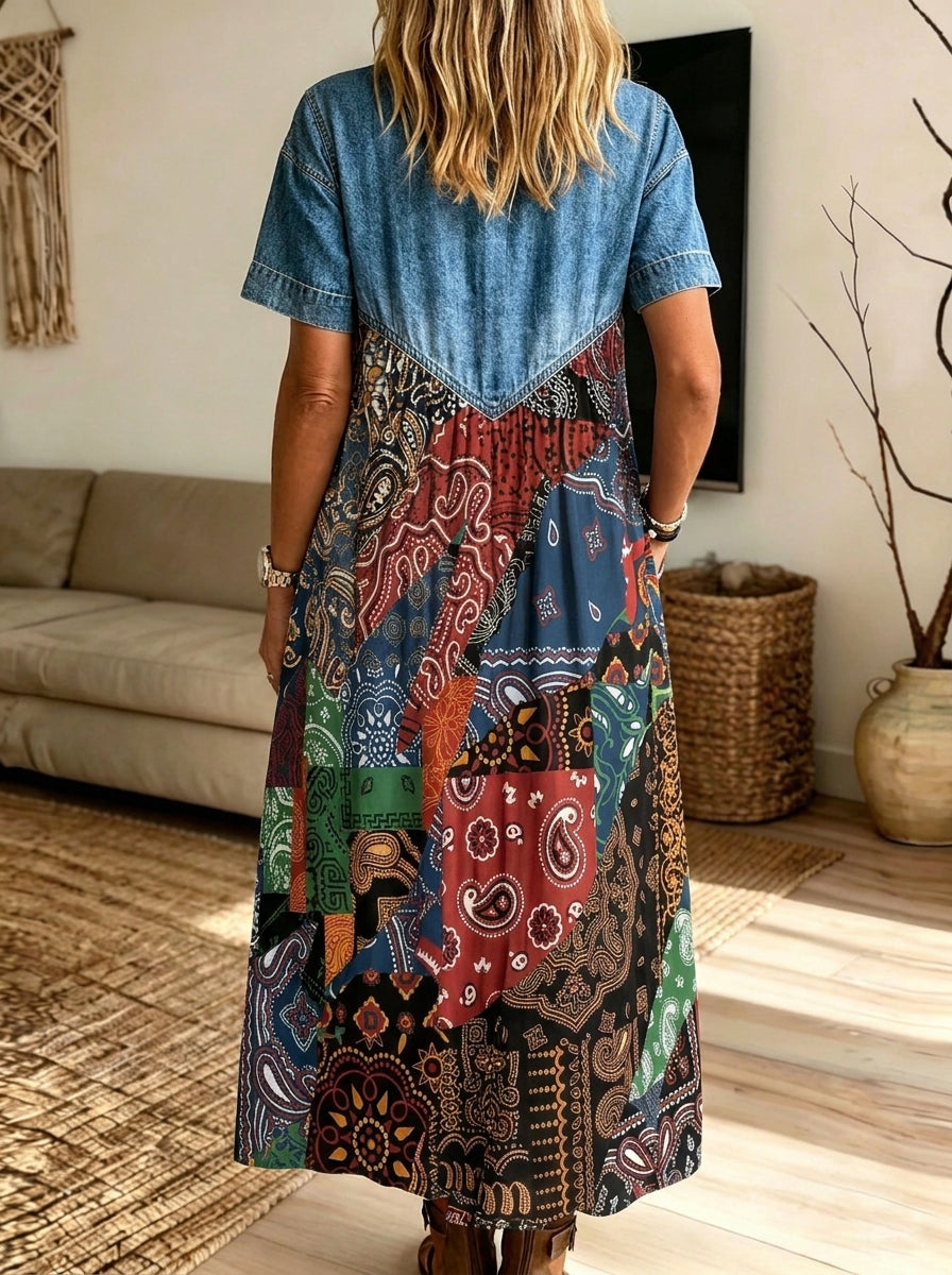 Women Denim Patchwork Paisley Midi Dress Collared Short Sleeve Button Loose Boho Dress