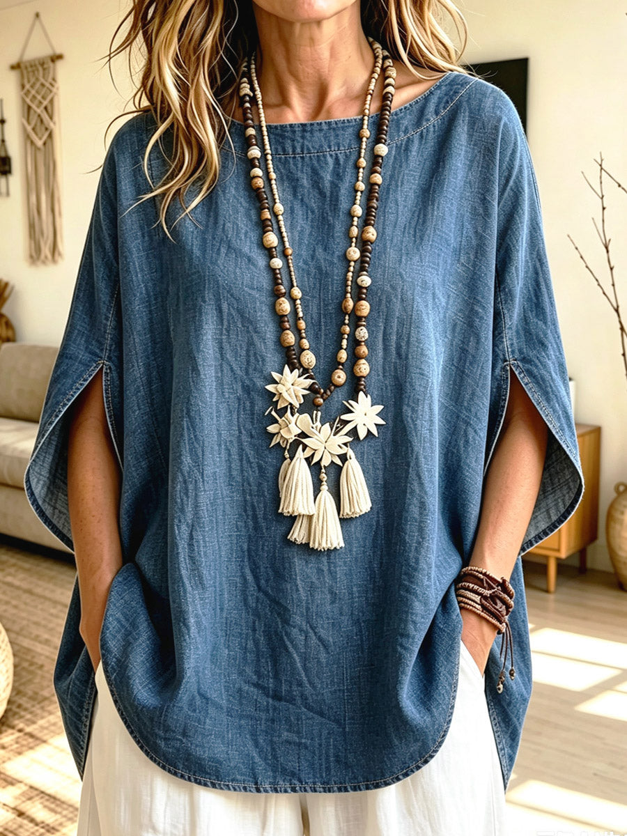 Retro Round Collar Art Casual Stylish Short Sleeve Denim Shirt