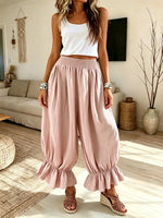 Women Solid Elastic Waist Ruffle Lantern Wide Leg Pants