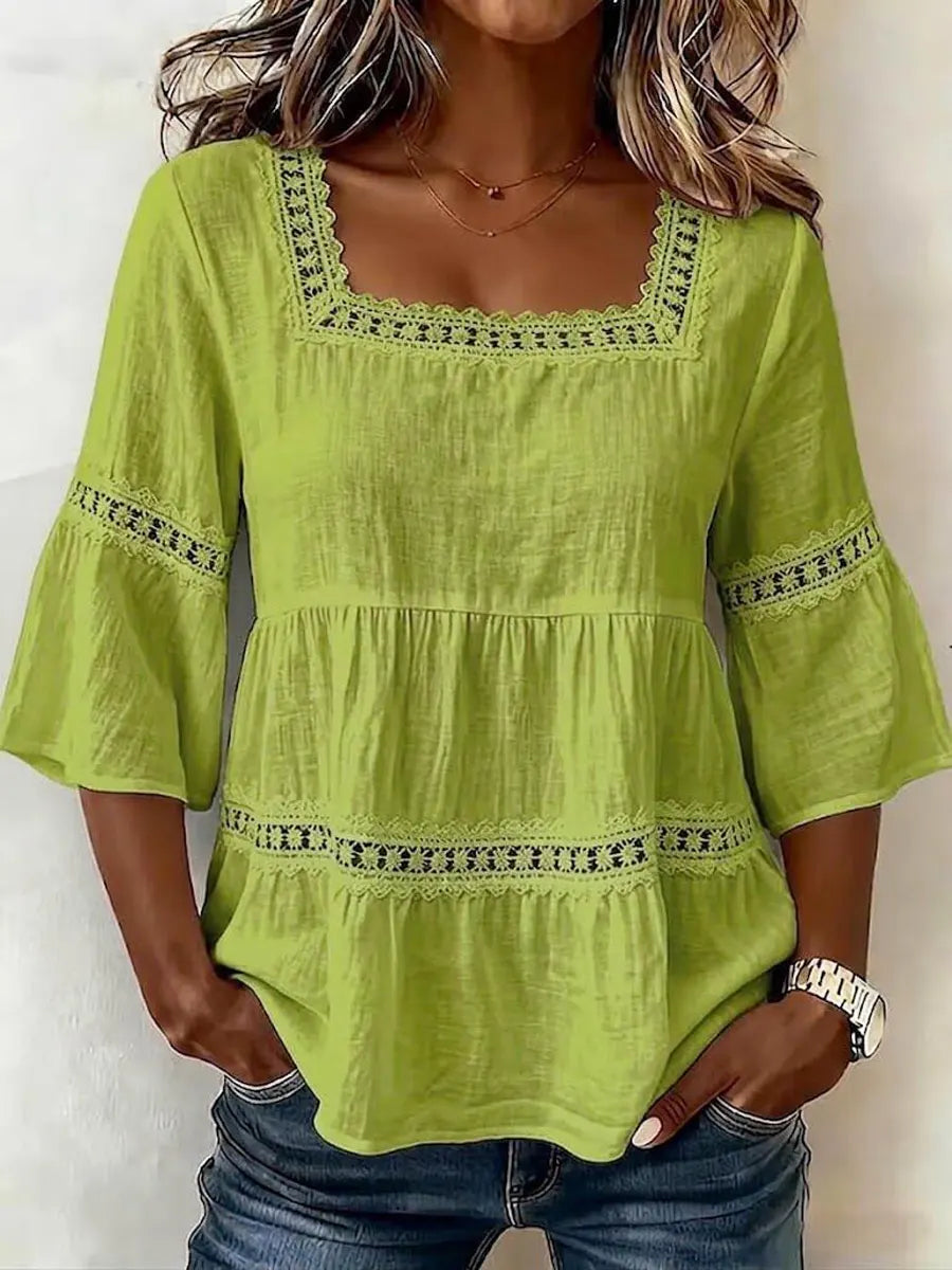 Retro Elegant Lace Floral Hollow Square Collar Casual Stylish Cotton Shirt