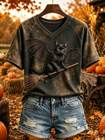 Women's Bat-Wing Black Cat Flying Broom T-Shirt