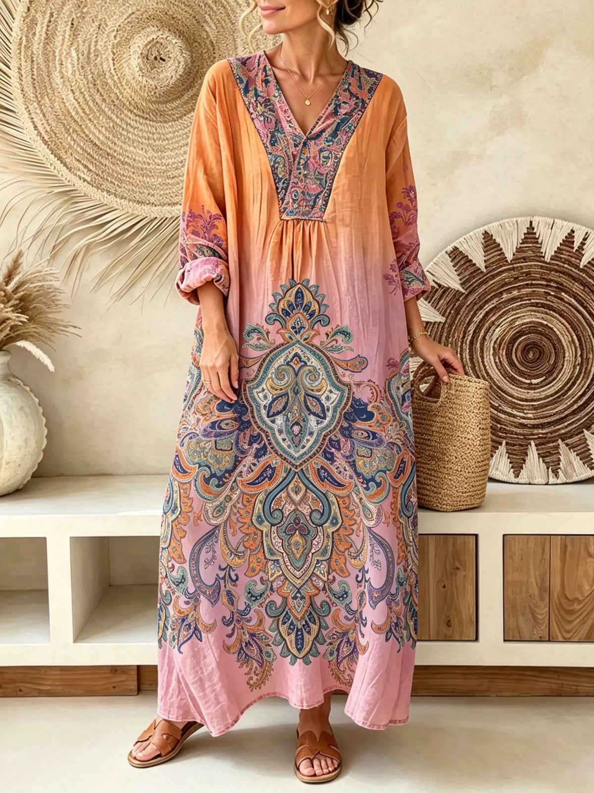 Women Gradient Orange Pink Paisley V-Neck Loose 3/4 Sleeve Maxi Dress