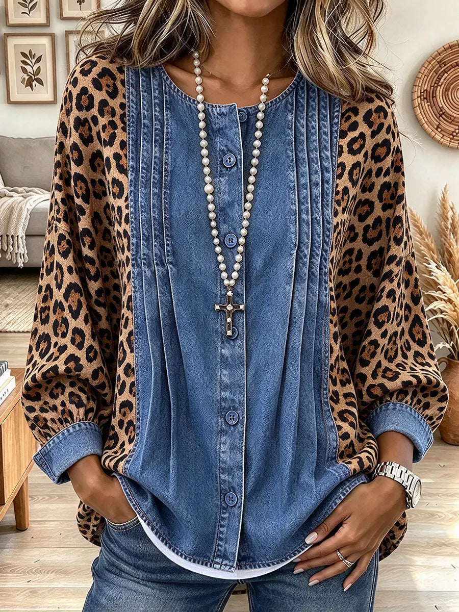 Women's Retro Leopard Print Denim Patchwork Top