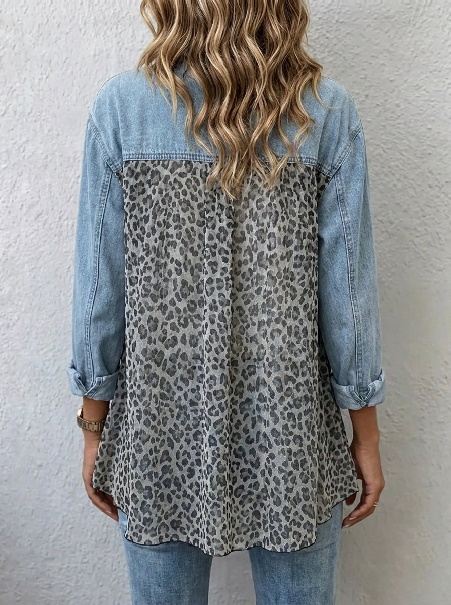 Women Denim Leopard Patchwork Shirt Jacket Frayed Collar Long Sleeve Button Down Casual Outerwear