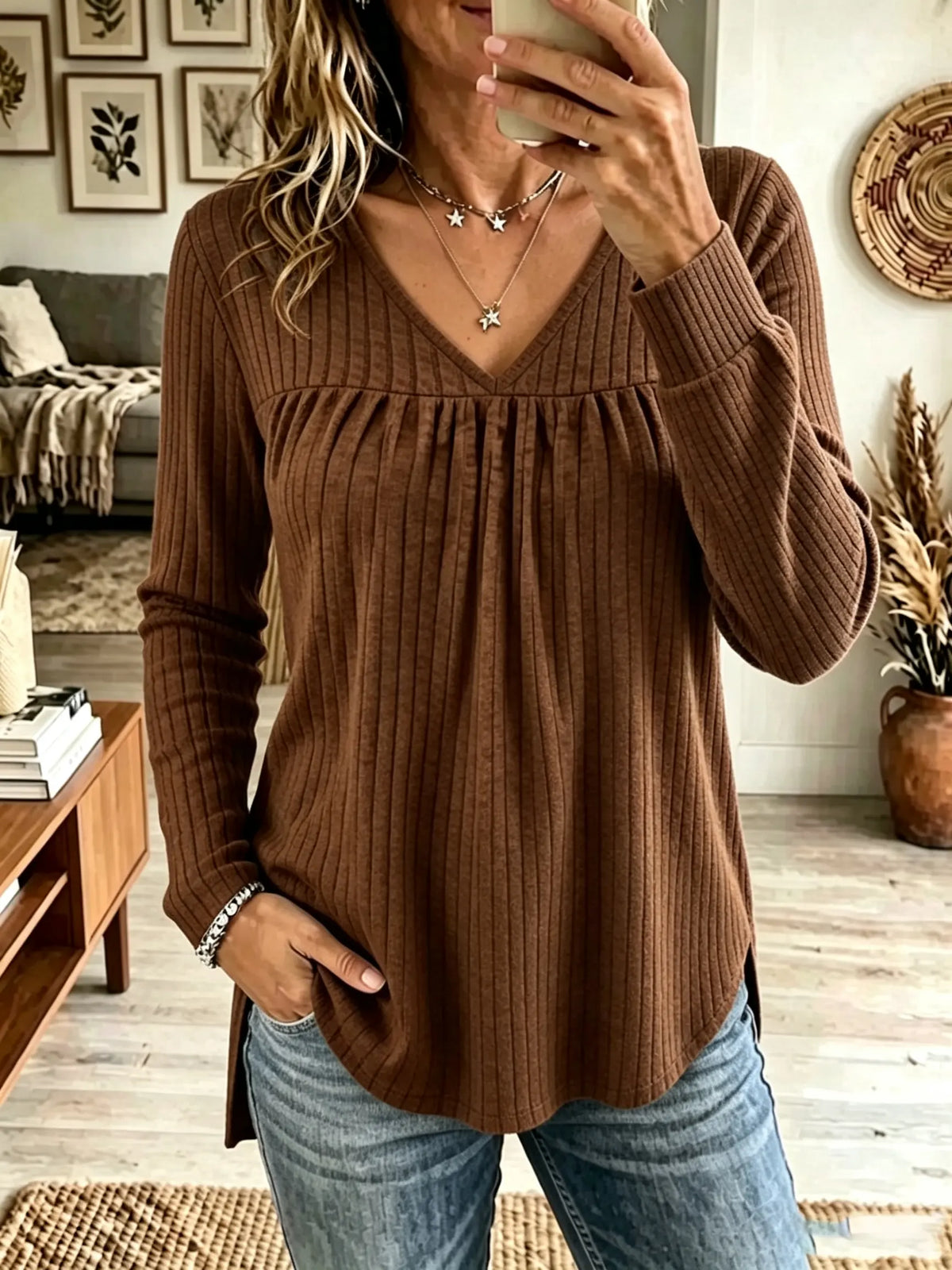 Women's Gathered Empire Waist V-Neck Knit Top