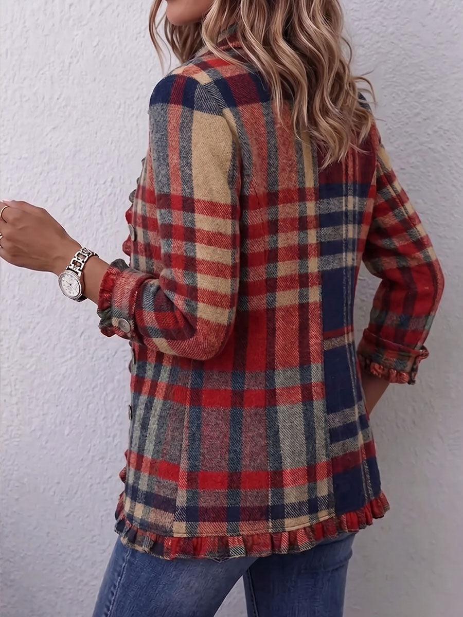 Vintage Elegant Plaid Patchwork Ruffled Jacket