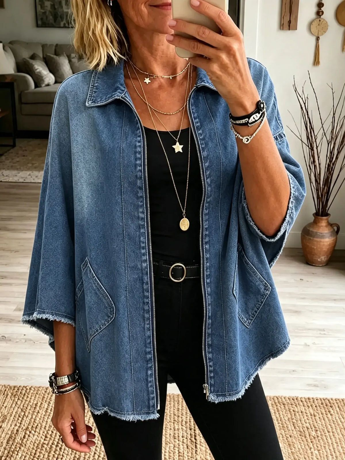 Women's Raw Hem Denim Poncho Jacket