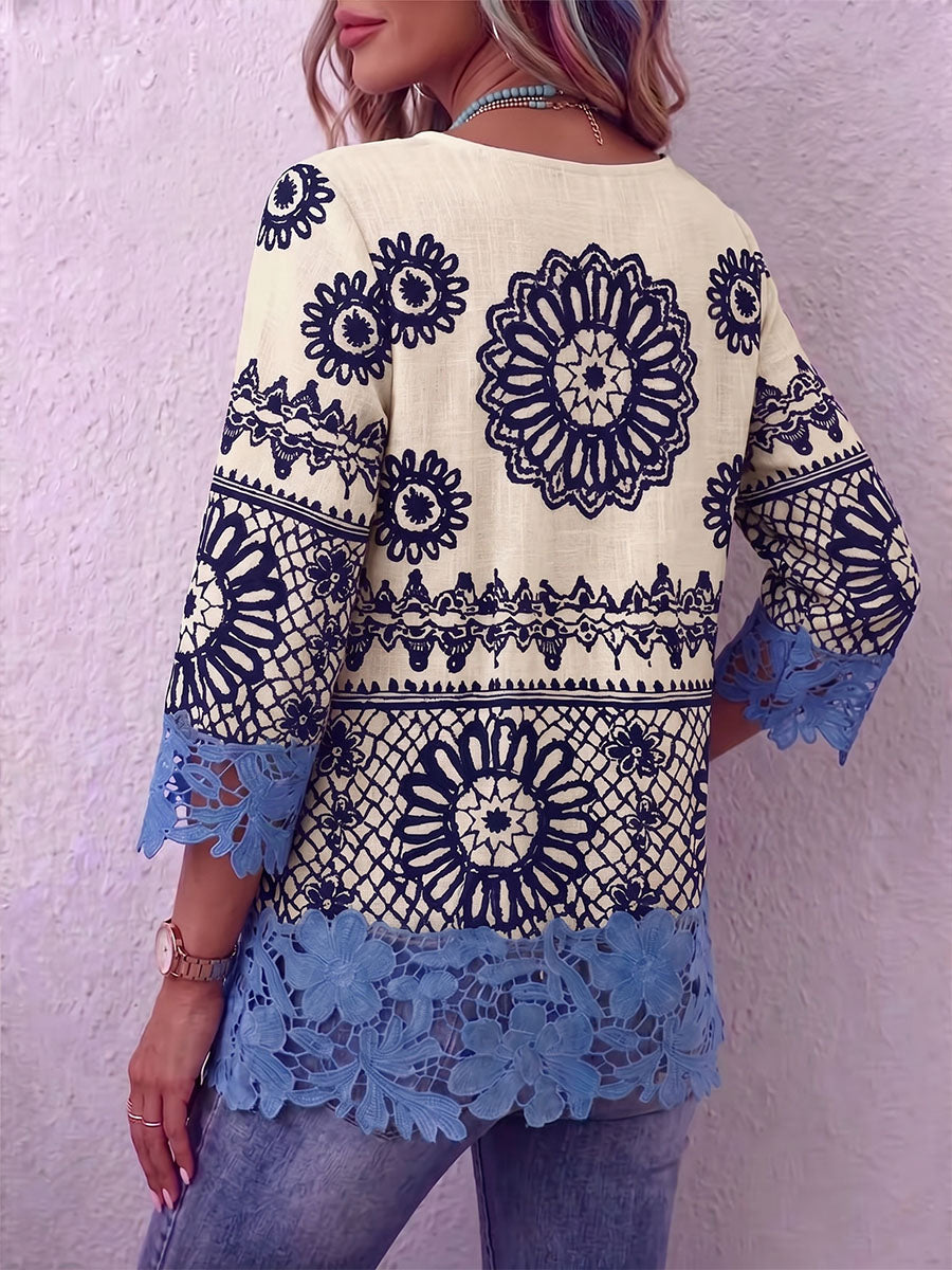 Vintage Elegant Pattern Print Patchwork Hollowed Out Lace Shirt