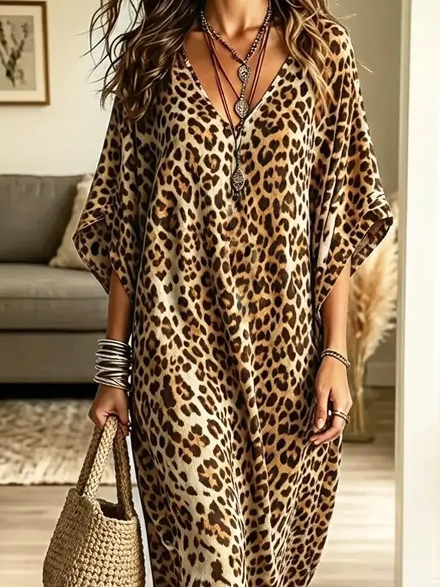 Retro Leopard Pattern Art Print Casual Stylish Cotton Linen Maxi Dress