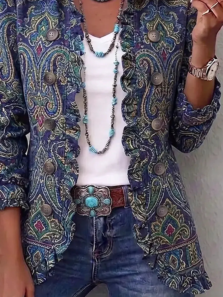 Retro Ethnic Floral Art Pattern Print Ruffle Casual Stylish Cotton Lapel Coat