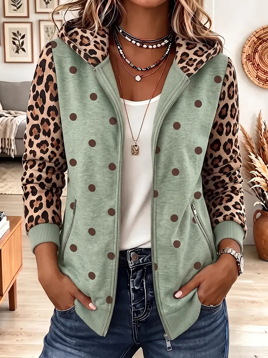 Vintage Elegant Leopard Print Patchwork Hooded Sweatshirt