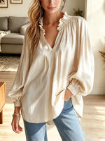 Elegant Solid Color Ruffle Art Stylish Casual Long Sleeve Cotton Linen Shirt